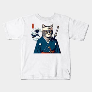 Vaporwave Samurai Cat Great Wave Off Kanagawa Kids T-Shirt